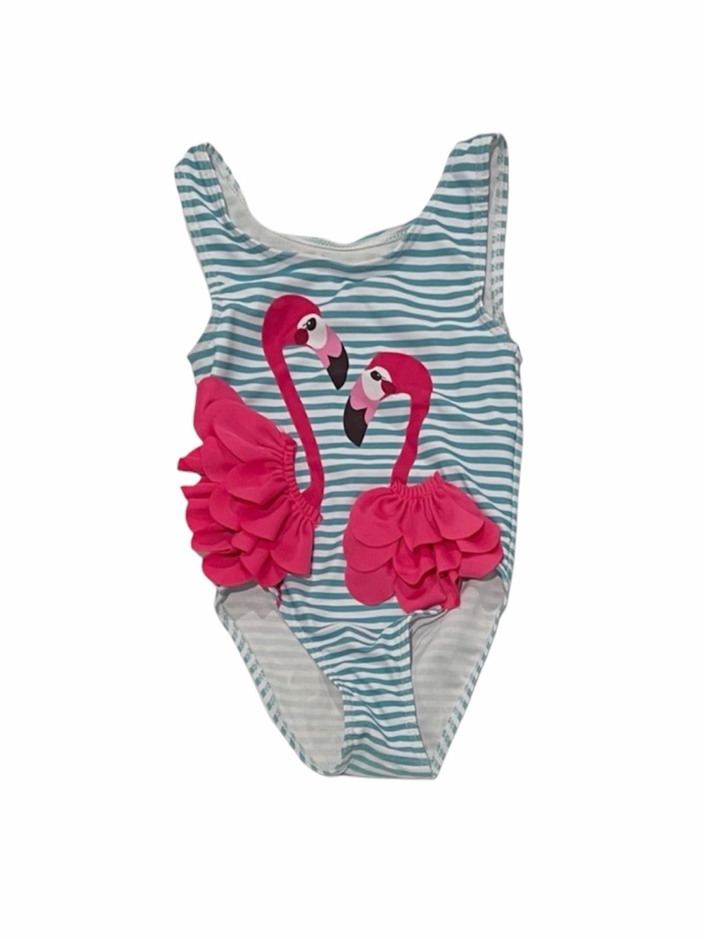 Girls Pink Flamingo Ruffle One-Piece Swimsuit - Aqua Stripes